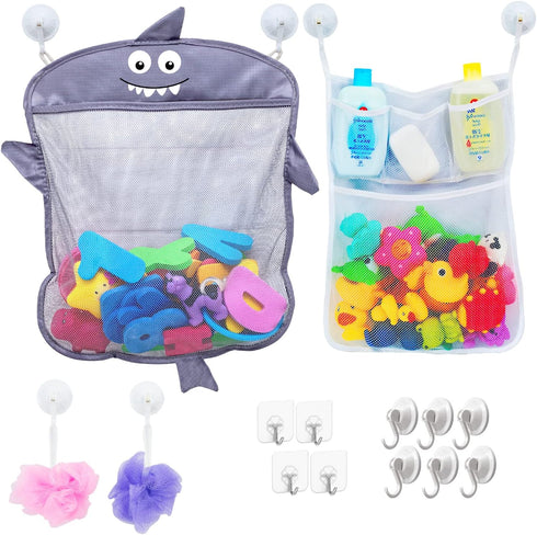 2 x Mesh Bath Toy Organizer + 6 Ultra Strong Hooks – The Perfect Bathtub Toy Holder & Bathroom or Shower Caddy – These Multi-use Net Bags Make Bab...